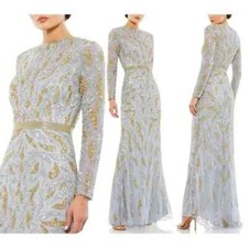 Mac Duggal Platinum Silver Gold Paisley Beaded Long Sleeve Gown Size 10 $598 picture