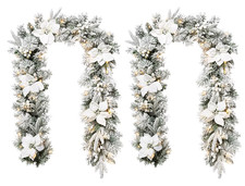 Glitzhome 2pk 6ft Pre-Lit Flocked Pine Garland White Poinsettia Warm LED Timer picture