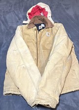 Vintage Carhartt Hooded Jacket Tan Duck Canvas Red Quilt Lined Distressed Large picture