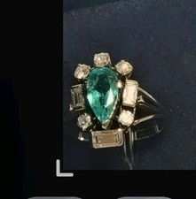 Estate Colombian Emerald 3ct Old Cut Diamond 1cttw Ring in 14K White Gold Size 7 picture