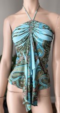 Vtg Body Central Y2K Halter Top M Paisley Blue Brown Handkerchief Fairycore Boho picture