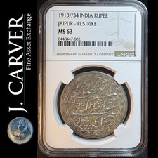 1913 / 34 India Silver Rupee Jaipur Restrike Scarce World Coin NGC MS 63 picture