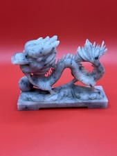 Carved Stone Chinese Dragon Figurine on Base Gray White Black 1-5 in picture