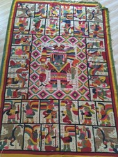 Vtg Mexican Aztec Mayan Folkloric Themed Wool Hanging Tapestry Rug 70x103