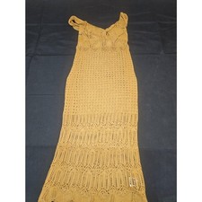 Boho Mustard Yellow Pointelle Knit Crochet Maxi Dress Swim Cover-Up Size m picture