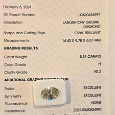 Lab Grown Diamond 5.31 Ct Oval Brilliant H VS2 IGI LG620434997 14.43x9.78 picture
