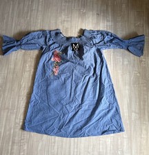 Mlle Gabrielle Blue Denim Off-Shoulder Embroidered Floral Shift Dress picture
