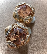Vintage Ciner NOS Blush Champagne Crystal Gold Clip Earrings, Signed, Excellent picture