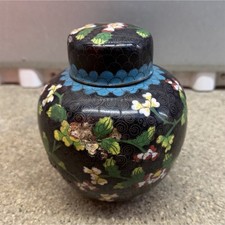 Vintage Chinese Cloisonne Enamel Ginger Jar Black Floral Tea Caddy Vase CHINA picture