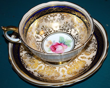 Vtg Paragon DOUBLE WARRANT Teacup Set FLOATING CABBAGE ROSE Gold Gilt PEACH/BLUE picture