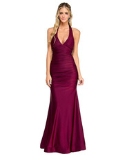 Emerald Sundae Juniors Gown Large Wine Halter Tie Back Ruched Stretch NWT $129 picture