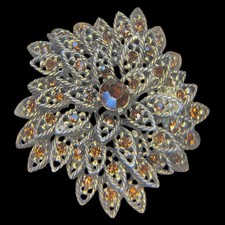 Selini Vintage Signed Floral Brooch Mid Century Gold Tone Amber Rhinestones 1960 picture