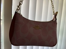 Coach Pink Logo Crescent Small Shoulder Bag Zip Closure Chain Strap Gold picture