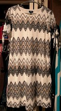 Tacera Womens L Ivory Gray Chevron Lace Shift Dress Round Neck Lined Knee Nwot picture