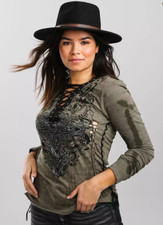 New Women's Affliction Long Sleeve  Vintage Lace Charlotte Oak Green T-Shirt Top picture