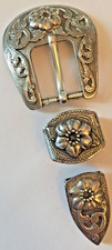 Used Old 3 Piece Western Silver Tone Ranger Belt Buckle Set for 1