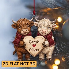 Personalized Highland Cow Couple Heart 2D FLAT Ornament, Custom Boyfriend Gift picture