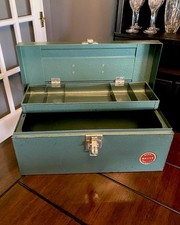 Vintage 1940s Montgomery Ward Master Quality Green Metal Tool Box W/Tray USA-VG+ picture