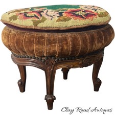 Antique 19th C French Louis XV Carved Walnut Needlepoint Footstool Ottoman picture