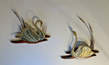 MCM Swan Bird Brass Copper Wall Art Decor Cattails Wood Base Vintage Set Of 2  picture