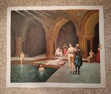 Turkish Oriental original painting, signed, Swimming in Harem. 24X20(h) picture