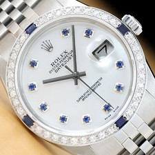 MENS ROLEX DATEJUST 16014 MOTHER OF PEARL SAPPHIRE 18K WHITE GOLD SS WATCH picture