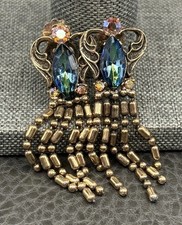 VTG Blue AB Crystal Rhinestone Tassel Chain Fringe Chandelier Dangle Earrings picture