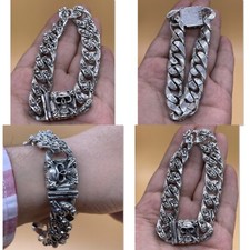 Rare vintage momento mori solid 925 silver link bracelet several skulls picture