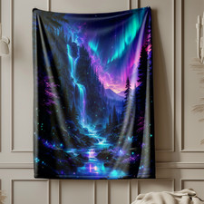 Aurora Forest Waterfall Coral Fleece Blanket Nature Decor picture