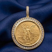 50 Pesos Pendant Lab Created Diamond Bezel 14K Gold Plated Centenario Medallion picture