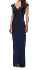 New 365$ La Femme 25206 Surplice Off Shoulder Column Gown Maxi Dress Sz 14 Blue picture
