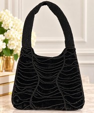 Vintage Black Velvet Beaded Shoulder Bag Evening Purse Scalloped Art Deco Style picture