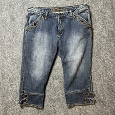 VTG Y2K Bubblegum USA Capri Denim Jeans SZ 14 (33x18)  Blue Buckle Pockets picture