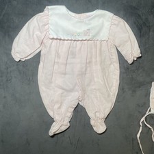 VTG 90s Petit Ami Preemie Baby Girl Pink White Romper Bonnet Set 2pc picture