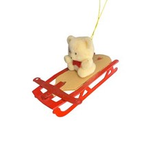 Vintage Flocked Teddy Bear on Sled Ornament Metal Wood picture
