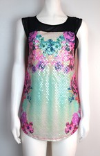 Pretty Rebellious Women's Tan Top Floral Print Sequins Size Medium picture