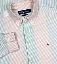 Vtg 80s Polo Ralph Lauren Oxford Button Up Pastel Stripe 16.5-34 Colorblock Rare picture