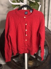 VTG 90s Gap 100% Wool Cardigan Red Cable Knit Button Sweater Cottagecore L picture