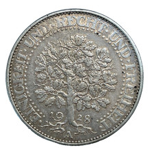 1928-A GERMANY WEIMAR Eagle & Oak Tree 5 Reichsmark Scares Silver Coin - KM 56 picture