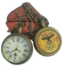 Vintage 1936 Berlin Brass Pocket Watch with Leather Box - Antique Marine Gift picture