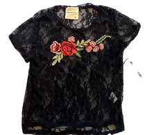 Women's Med NWT Black Lace Shirt Embroidered Flowers American Rebel Sheer Goth picture