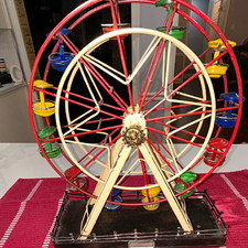 Vintage Tin Wind-Up Ferris Wheel Toy Red & White w/ Multicolor Seats 17+ picture