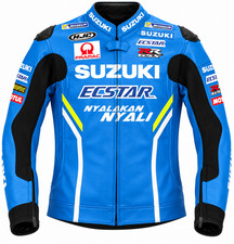 Suzuki Motorcycle Racing Leather Jacket Men’s Blue Biker Riding Jacket ECSTAR picture