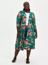 Torrid Size 1X Green Floral Super Soft Duster Fit N Flare Long Cardigan A34 picture