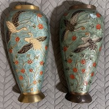 Vintage India Brass Vase Lot of Two diff - Birds Flowers porcelain finish Rare picture
