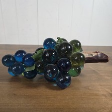 Vintage MCM Mid-Century Lucite Glass Grape Cluster on Driftwood Green & Blue 13” picture