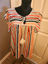 Weekend Suzanne Betro Women's 2X Plus Striped V-Neck Short Sleeve Tie Blouse picture