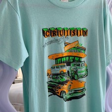 Vintage Americana 1950s Retro Drive In Aqua Blue Graphic Tee Sportswear L picture