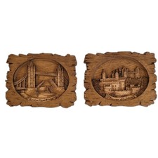 Vintage London Tower Bridge Tower of London Hand Carved Wood Plaques Set 7x5 M33 picture