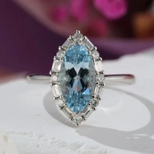 Pretty Marquise Cut Simulated Aquamarine Ring 14k White Gold Plated Wedding Band picture